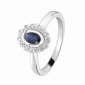 9ct White Gold Oval Cut Sapphire & Round Brilliant Cut Diamond Cluster Ring