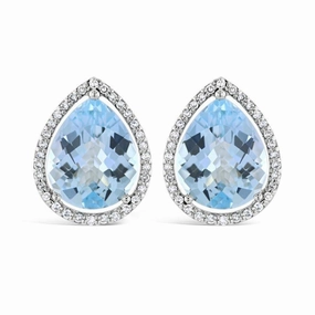 9ct White Gold Pear Cut Blue Topaz & Diamond Stud Earrings