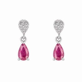 9ct White Gold Pear-Shaped Ruby & Diamond Drop Earrings