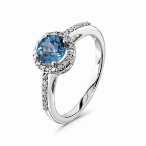 9ct White Gold Round Cut Blue Topaz & Diamond Halo Cluster Ring with Diamond Shoulders