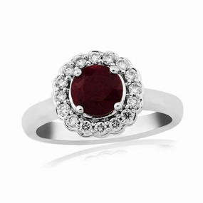 9ct White Gold Round Cut Ruby & Diamond Cluster Ring