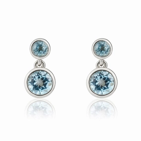 9ct White Gold Round Swiss Blue Topaz Double Stone Rubover Drop Earrings