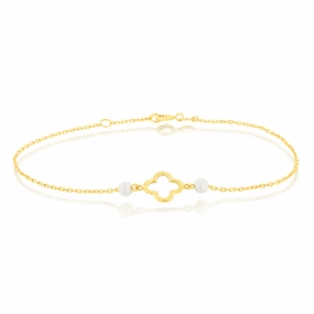 9ct Yellow Gold 19.10cm Leaf Clover and Pearl Bracelet