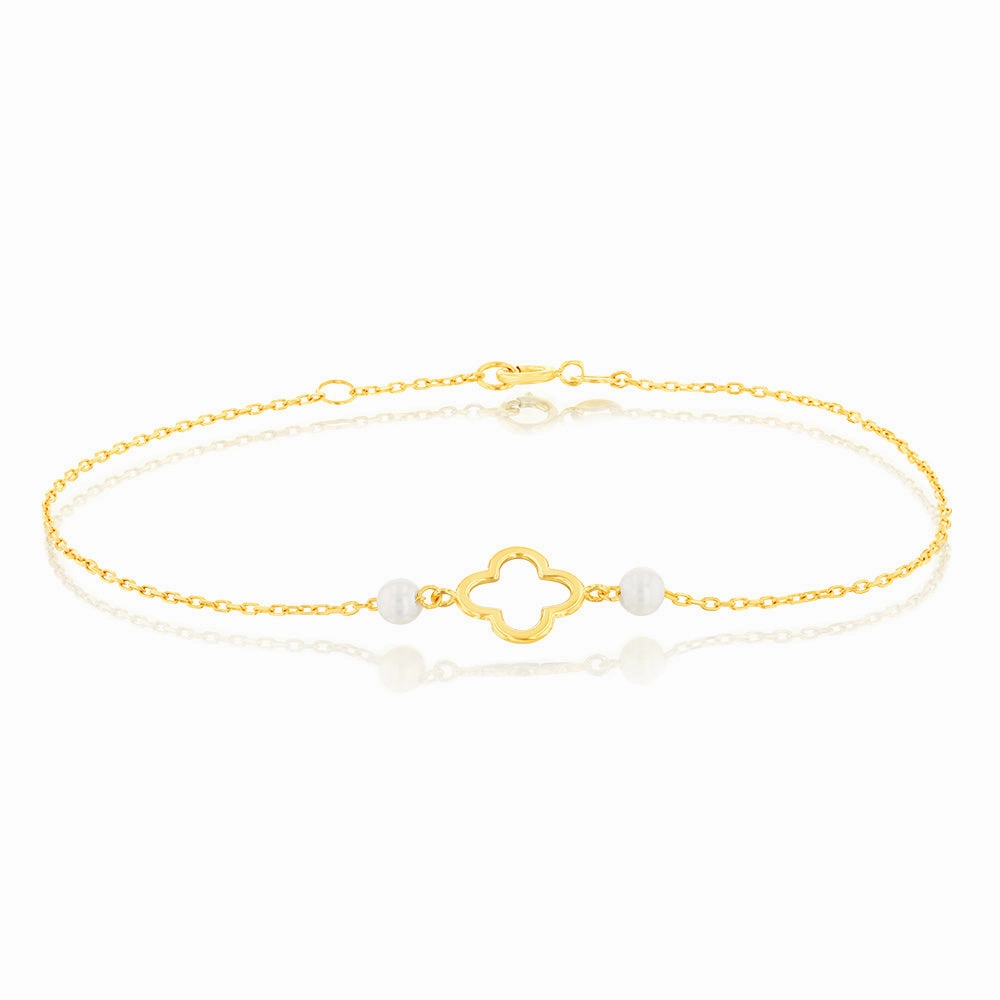 9ct Yellow Gold 19.10cm Leaf Clover and Pearl Bracelet