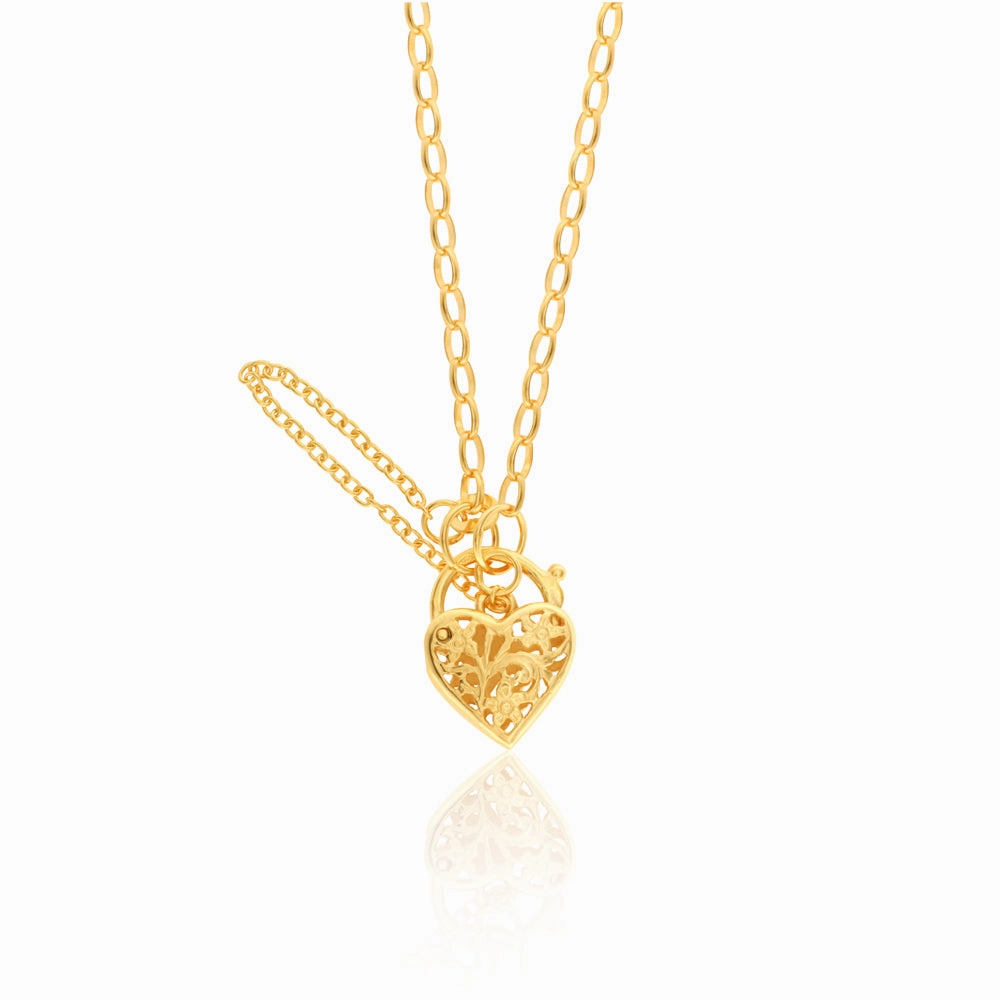 9ct Yellow Gold 19cm Heart Filigree Padlock Bracelet