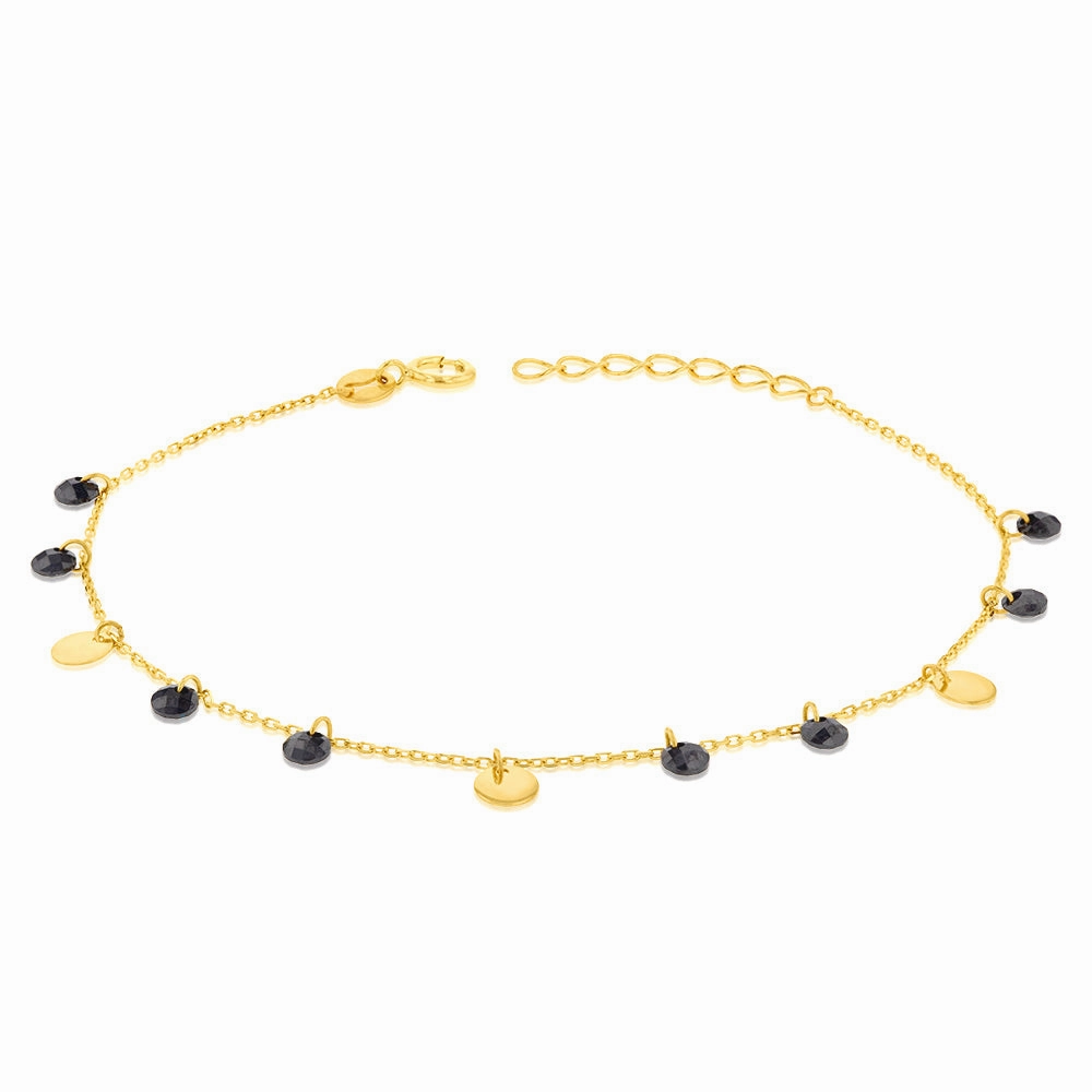 9ct Yellow Gold Black Zirconia and Gold Disc Charm 17.8cm Bracelet