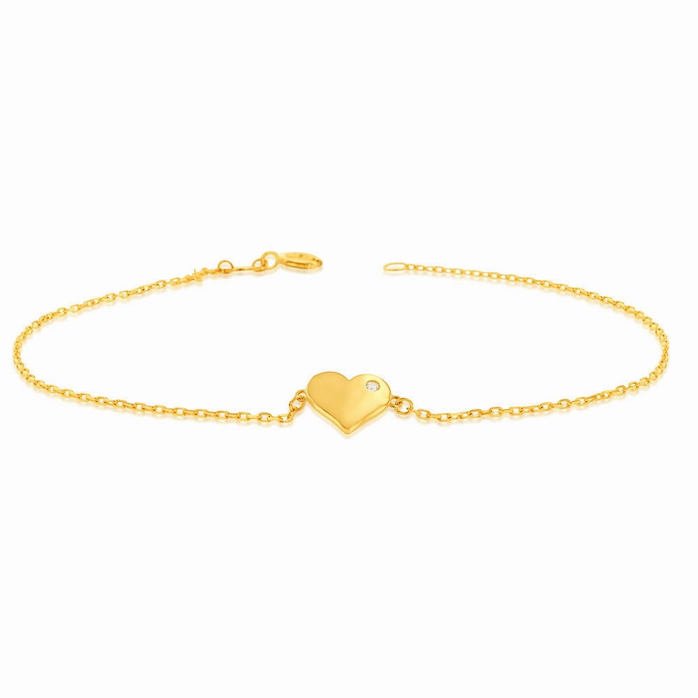 9ct Yellow Gold Cubic Zirconia On Heart 19.1cm Bracelet