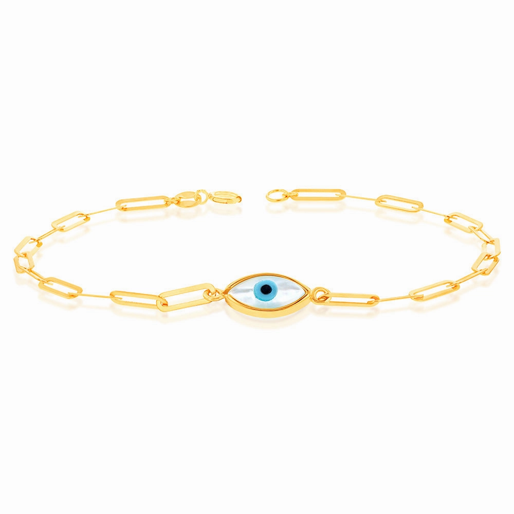 9ct Yellow Gold Evil eye On Paperclip 19cm Bracelet