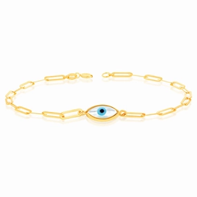 9ct Yellow Gold Evil eye On Paperclip 19cm Bracelet