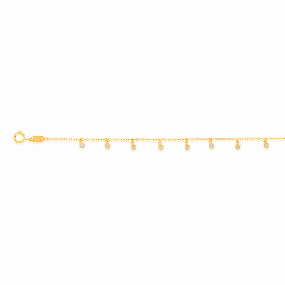 9ct Yellow Gold Hanging Cubic Zirconia Charm 17.8cm Bracelet