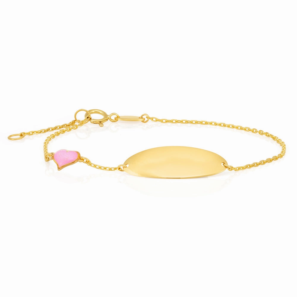 9ct Yellow Gold Pink Heart Charm 17cm ID Bracelet