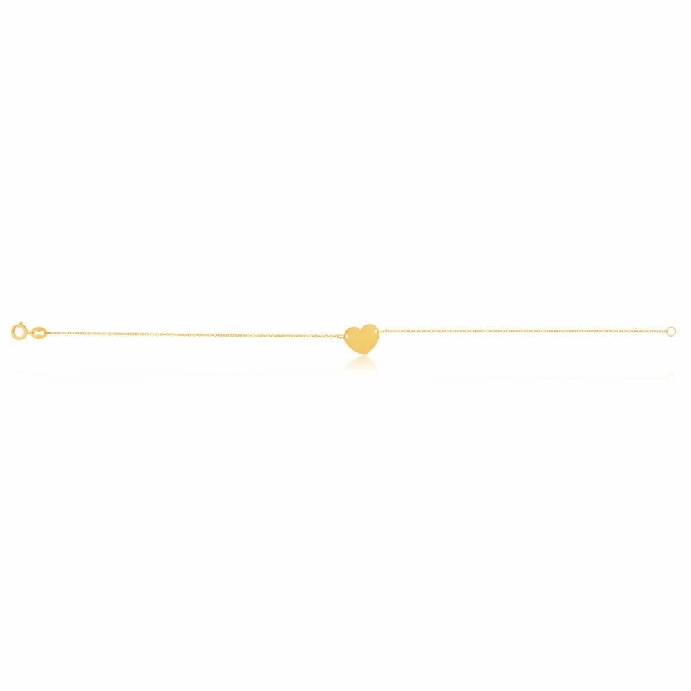 9ct Yellow Gold Plain Flat Heart Charm on 18cm Bracelet