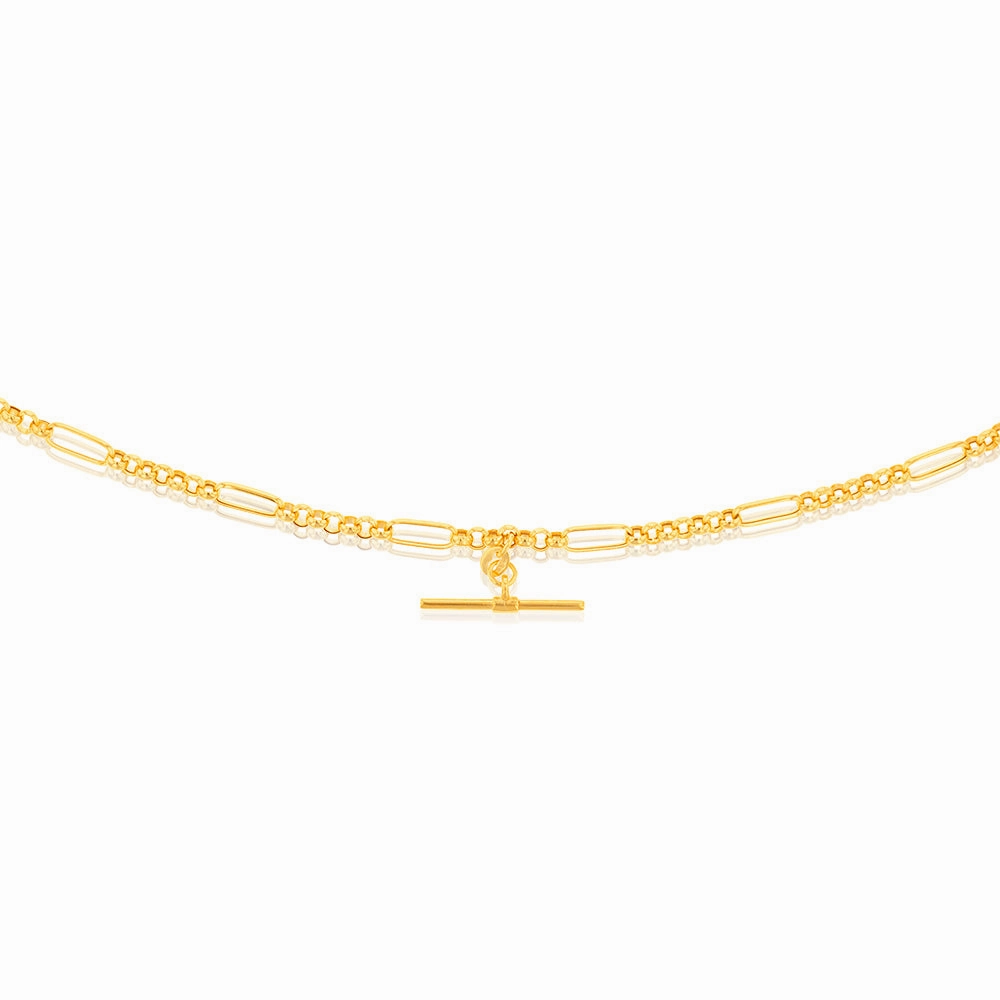 9ct Yellow Gold "T" Bar Pendant on 45cm Fancy Chain