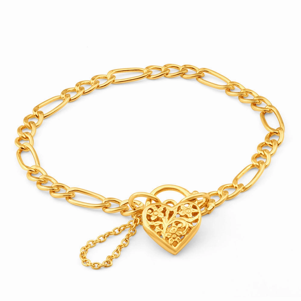 9ct Yellow Gold Silver Filled 19cm Fll Heart Figaro Bracelet