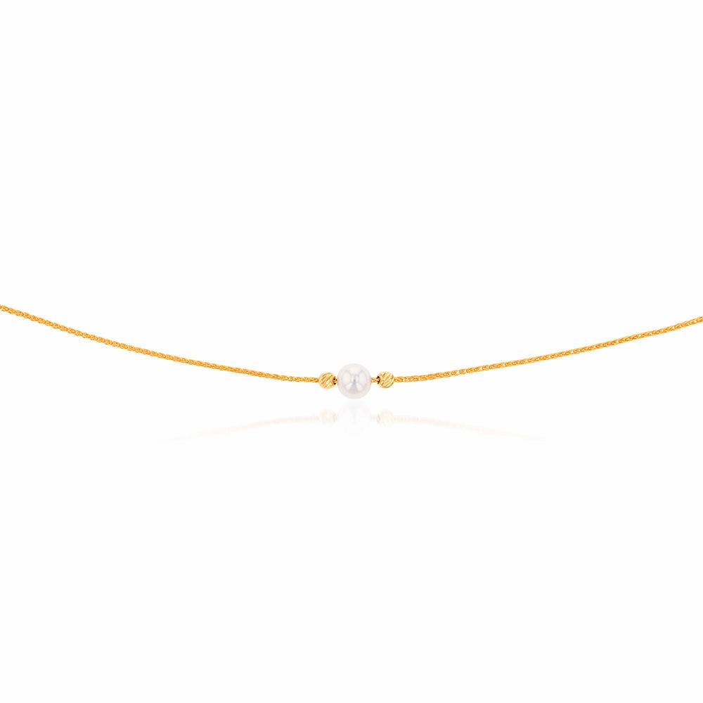 9ct Yellow Gold Silverfilled White Beads 25 Gauge Wheat 60cm Adjustable Chain