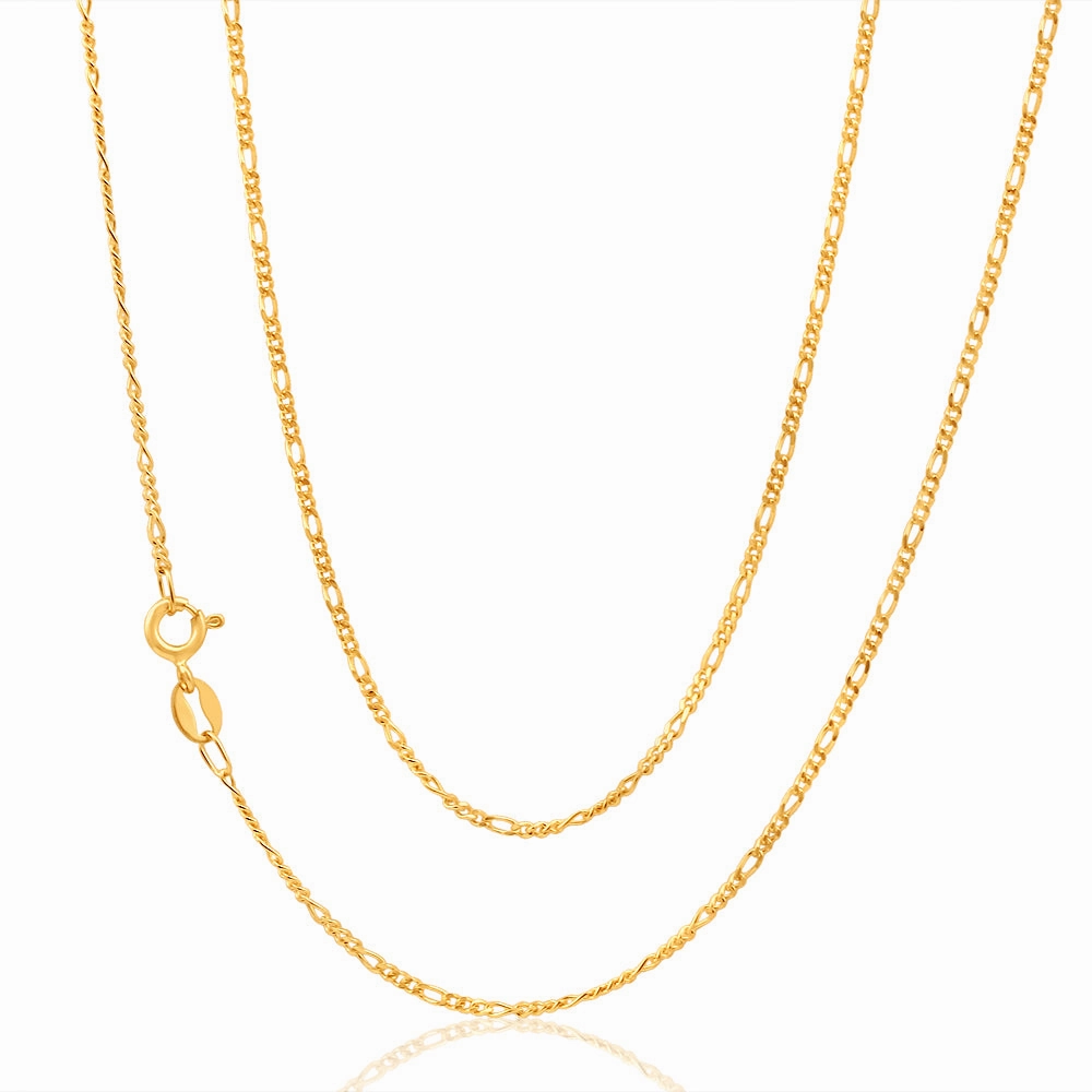9ct Yellow Solid Gold 45cm Figaro Chain 1:3 Dicut 40Gauge