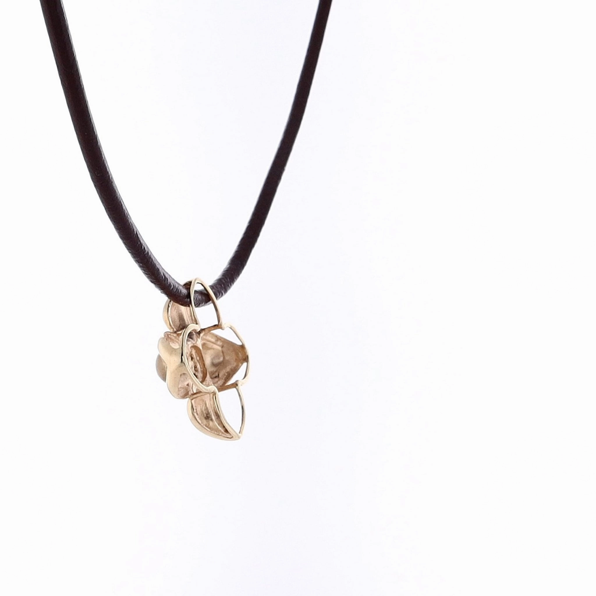 Estate 14 Karat Yellow Gold Flower Diamond Pendant with Brown Leather Cord Necklace