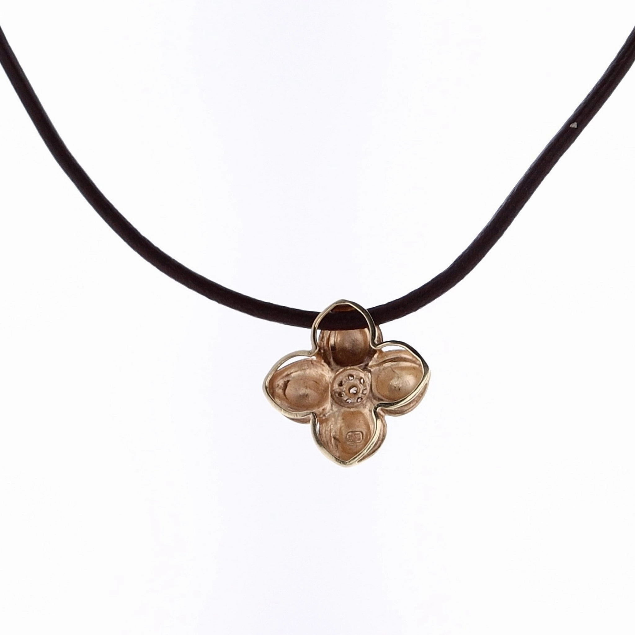 Estate 14 Karat Yellow Gold Flower Diamond Pendant with Brown Leather Cord Necklace