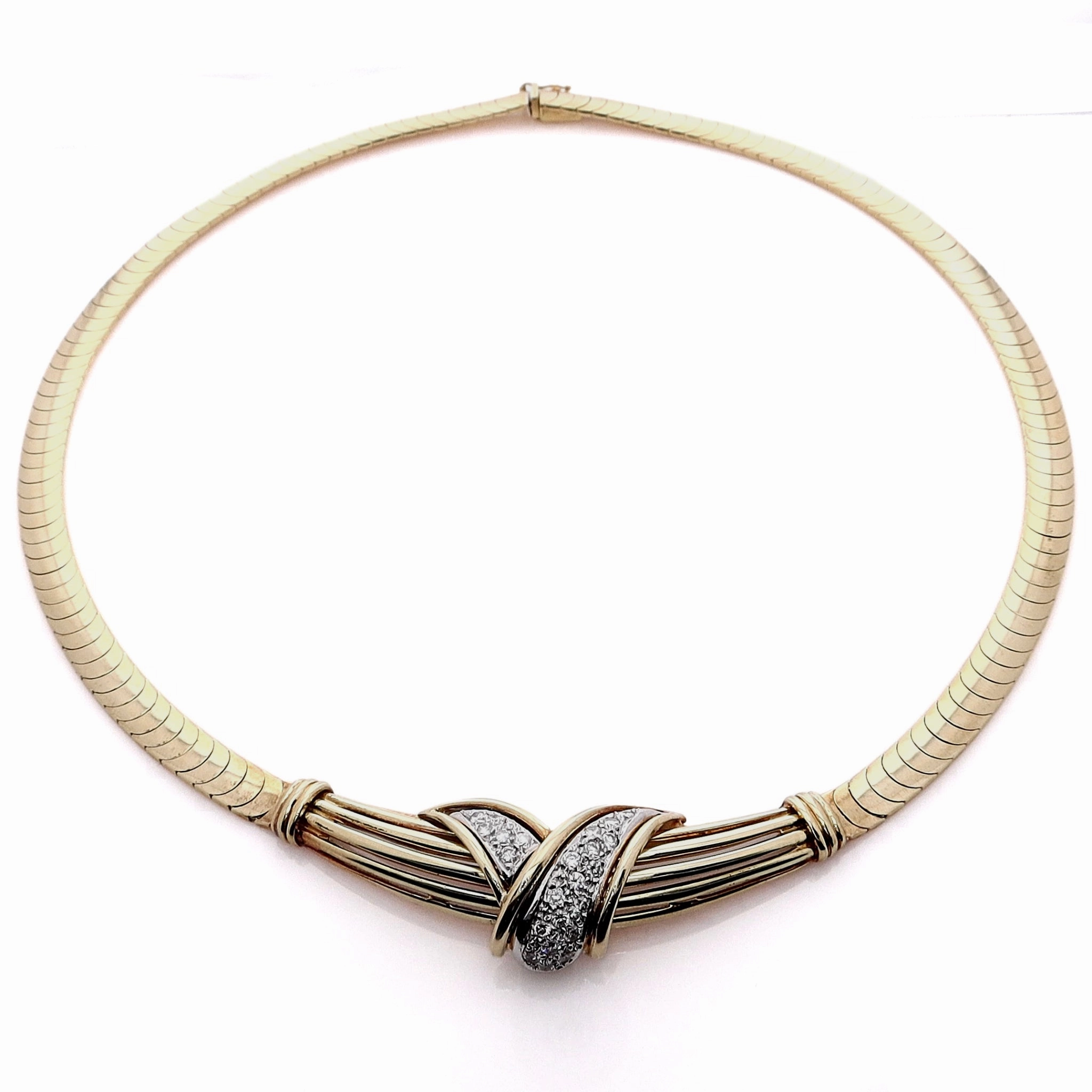 Estate 14k Two Tone Gold Diamond "V" Design Omega Necklace