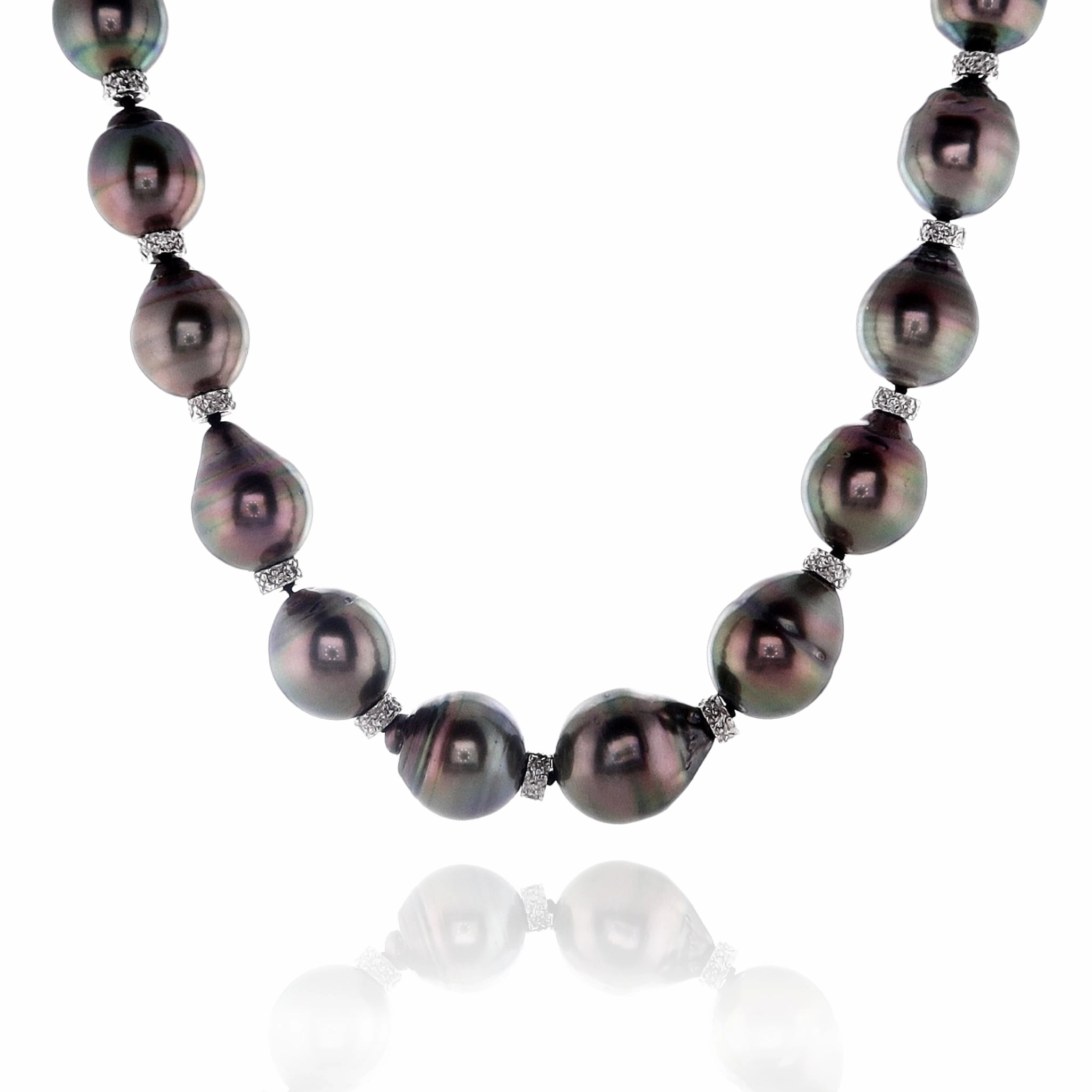Estate 14k White Gold 19" Semi-Baroque Black Pearl and Diamond Necklace