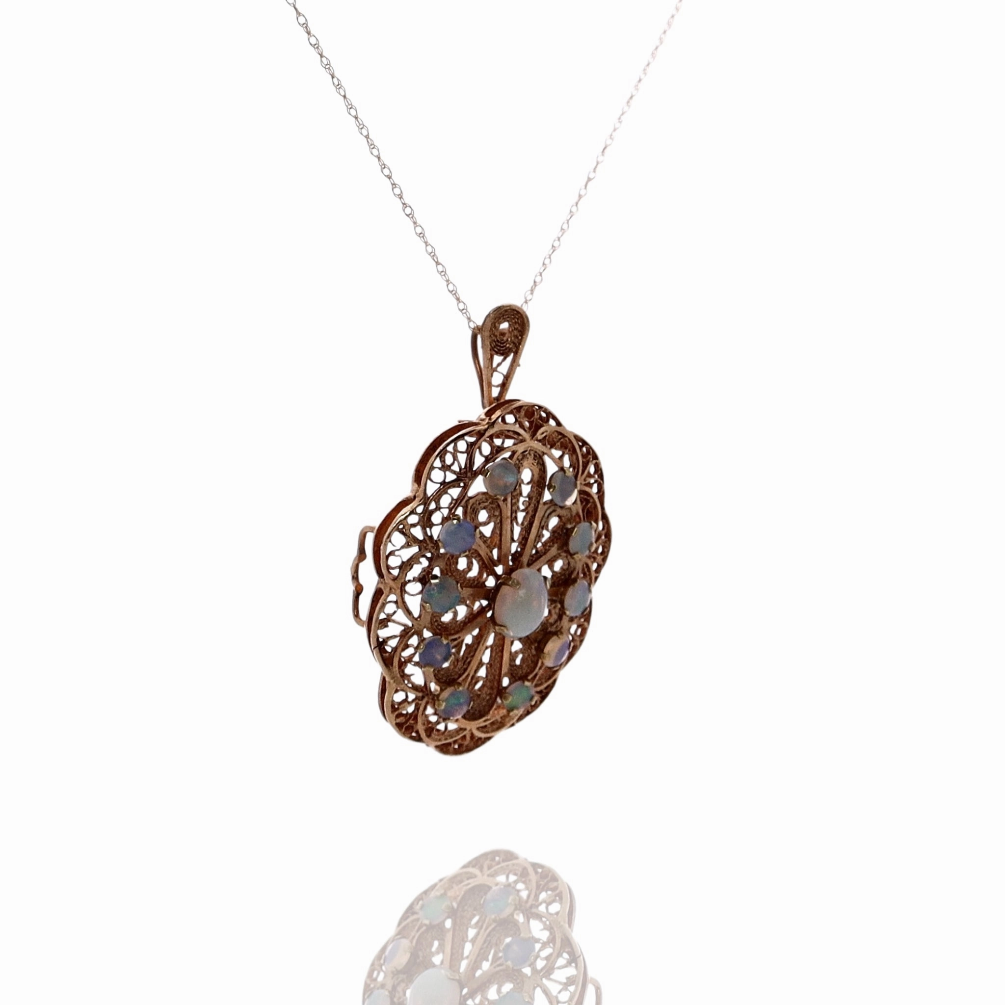 Estate 14k Yellow Gold 1 Oval Opal 10 Round Opals Pin/Pendant Necklace