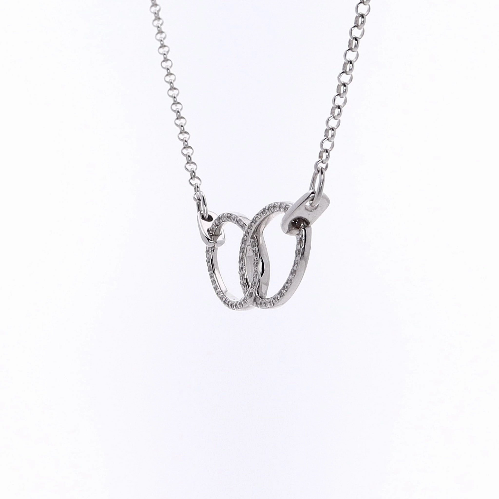 Estate 18 Karat White Gold Double Interlocking Ovals Diamond Pendant Necklace