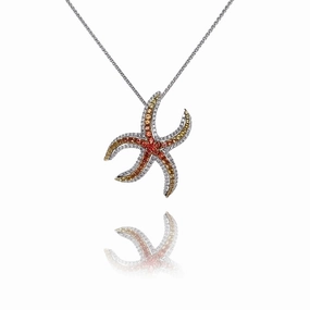Estate 18 Karat White Gold Multi Colored Sapphire and Diamond Star Fish Pendant Necklace