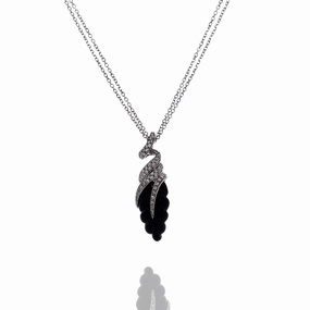 Estate 18k White Gold Carved Onyx Leaf and Diamond Double Chain Pendant Necklace