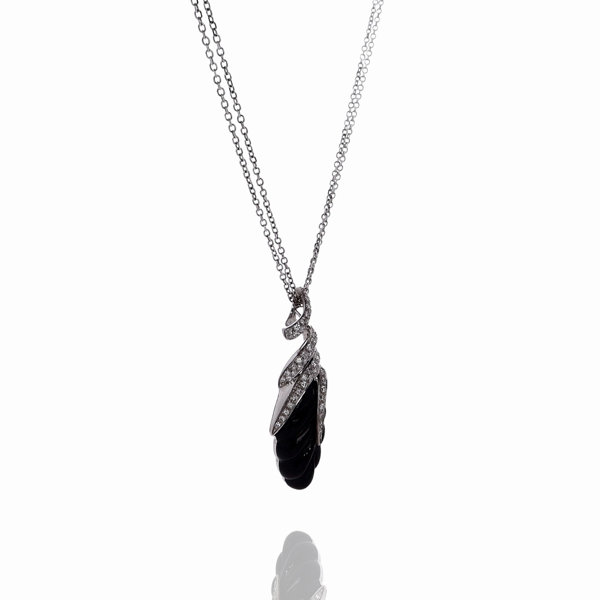 Estate 18k White Gold Carved Onyx Leaf and Diamond Double Chain Pendant Necklace