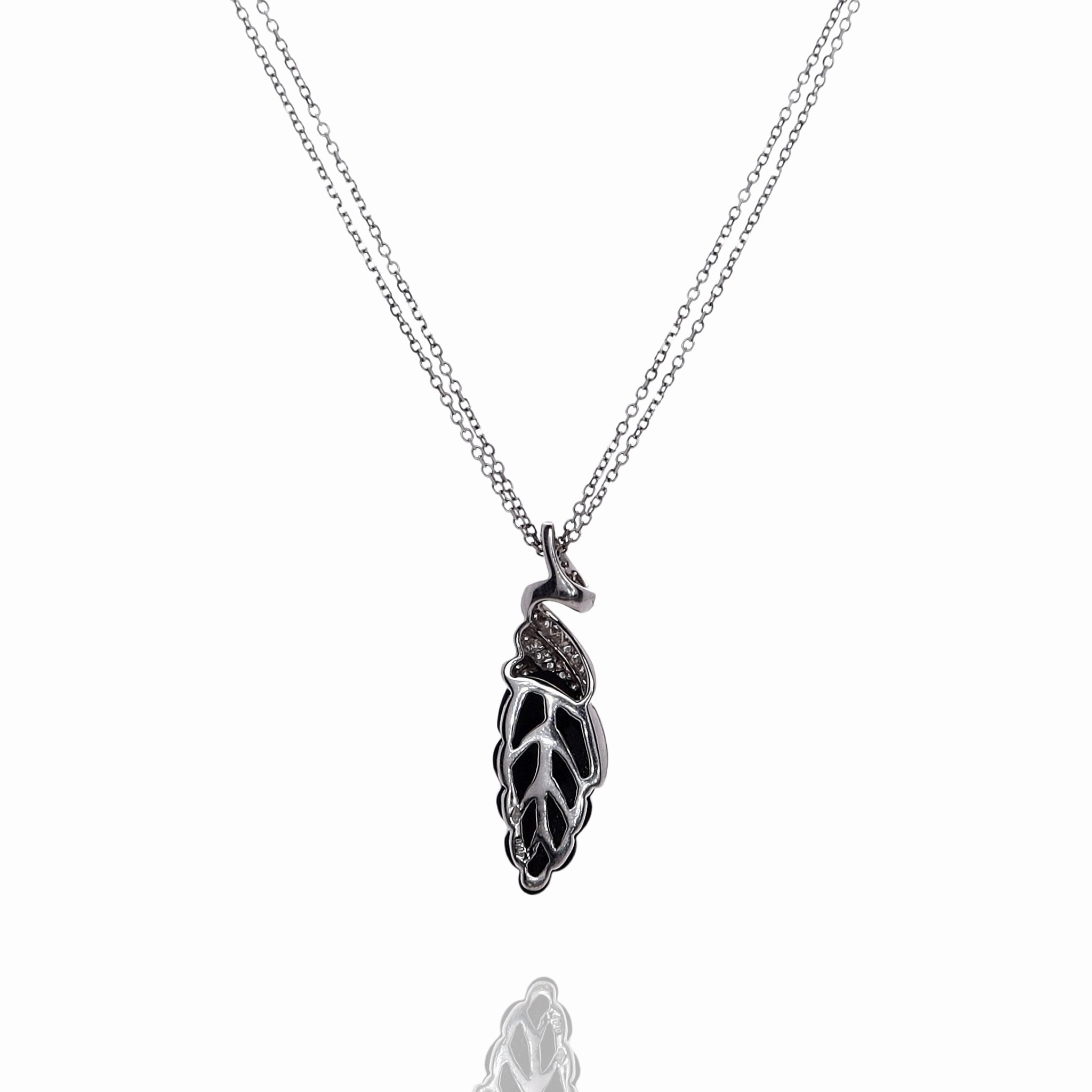 Estate 18k White Gold Carved Onyx Leaf and Diamond Double Chain Pendant Necklace