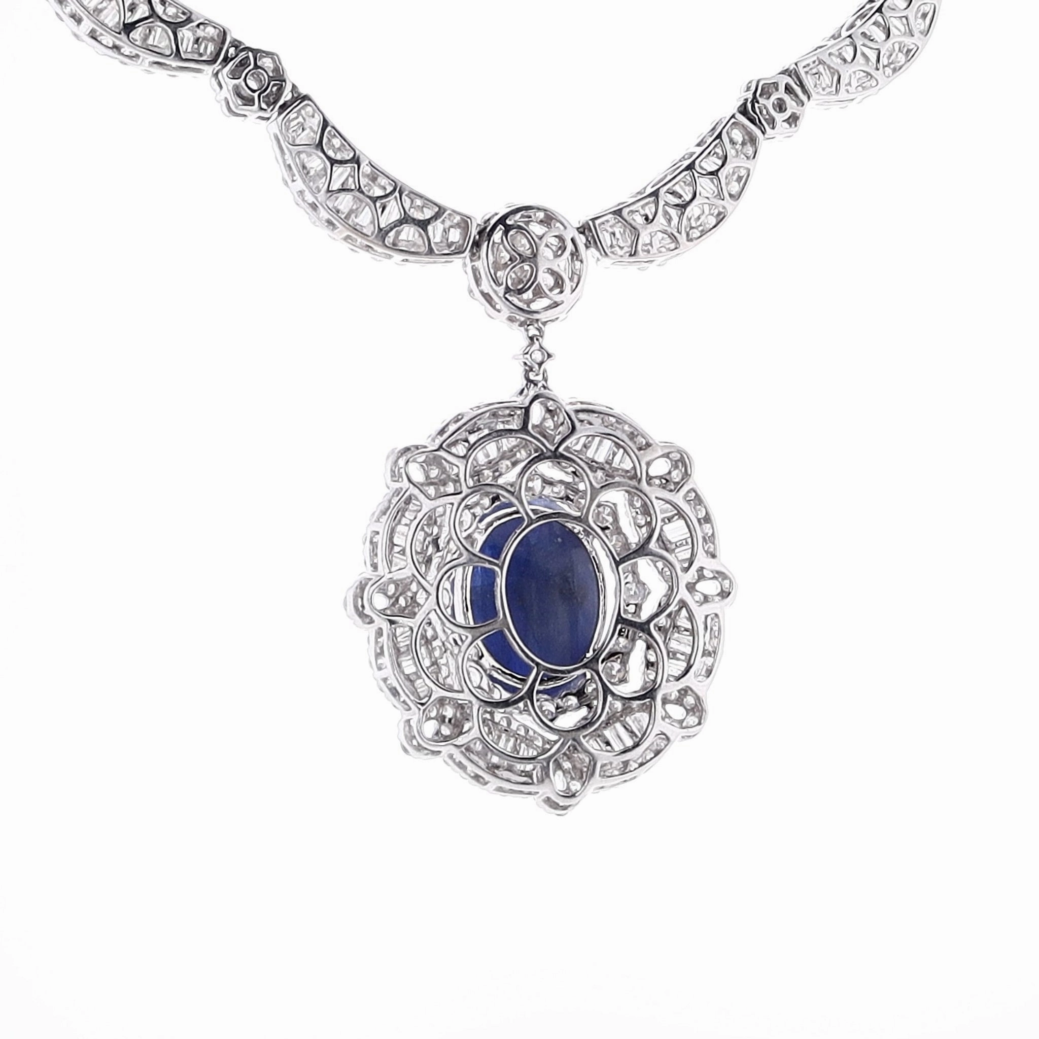Estate 18k White Gold Star Sapphire and Diamond Scallop Design 16" Necklace