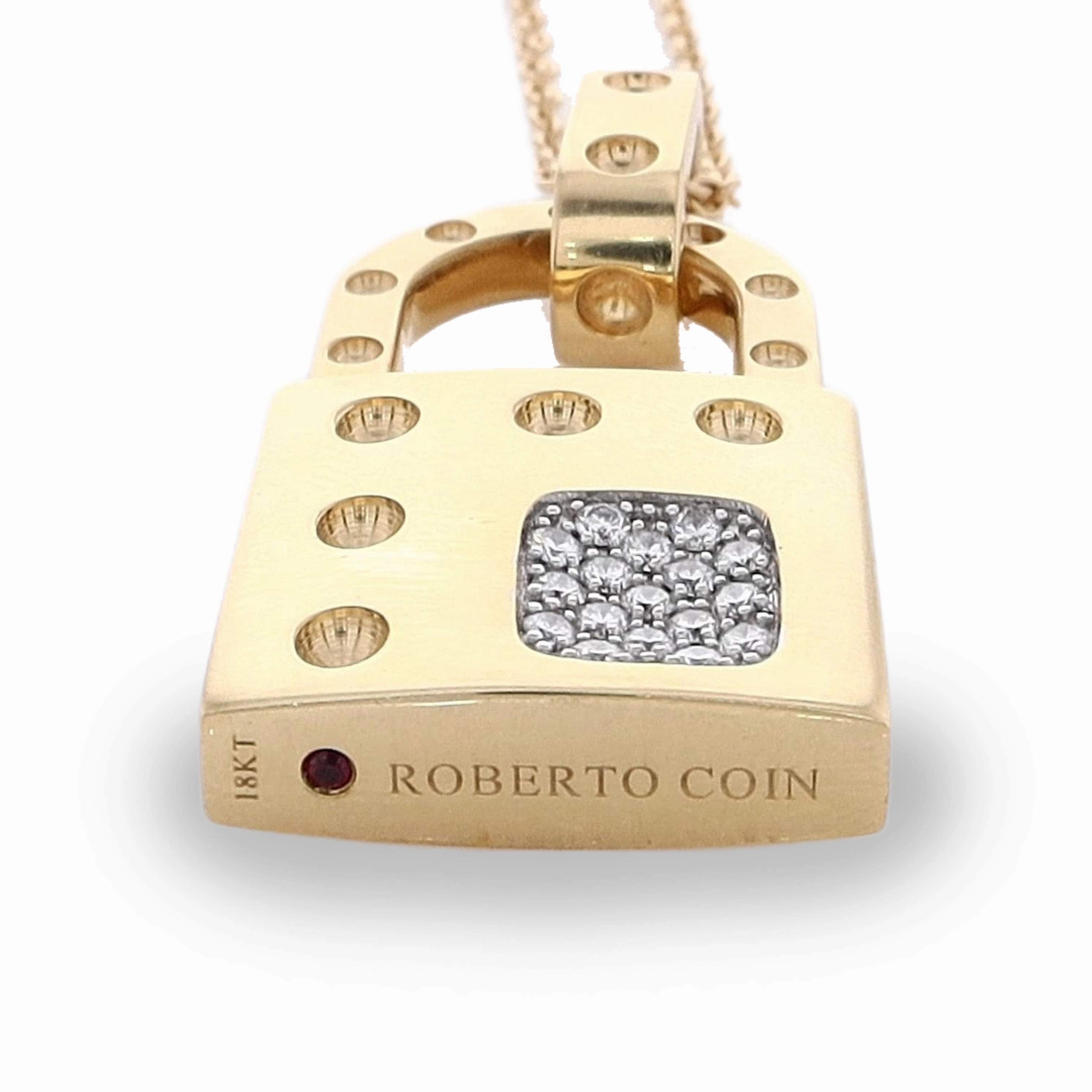 Estate 18k Yellow Gold Roberto Coin "Pois Moi" Lock Pendant With Pave Diamonds Necklace