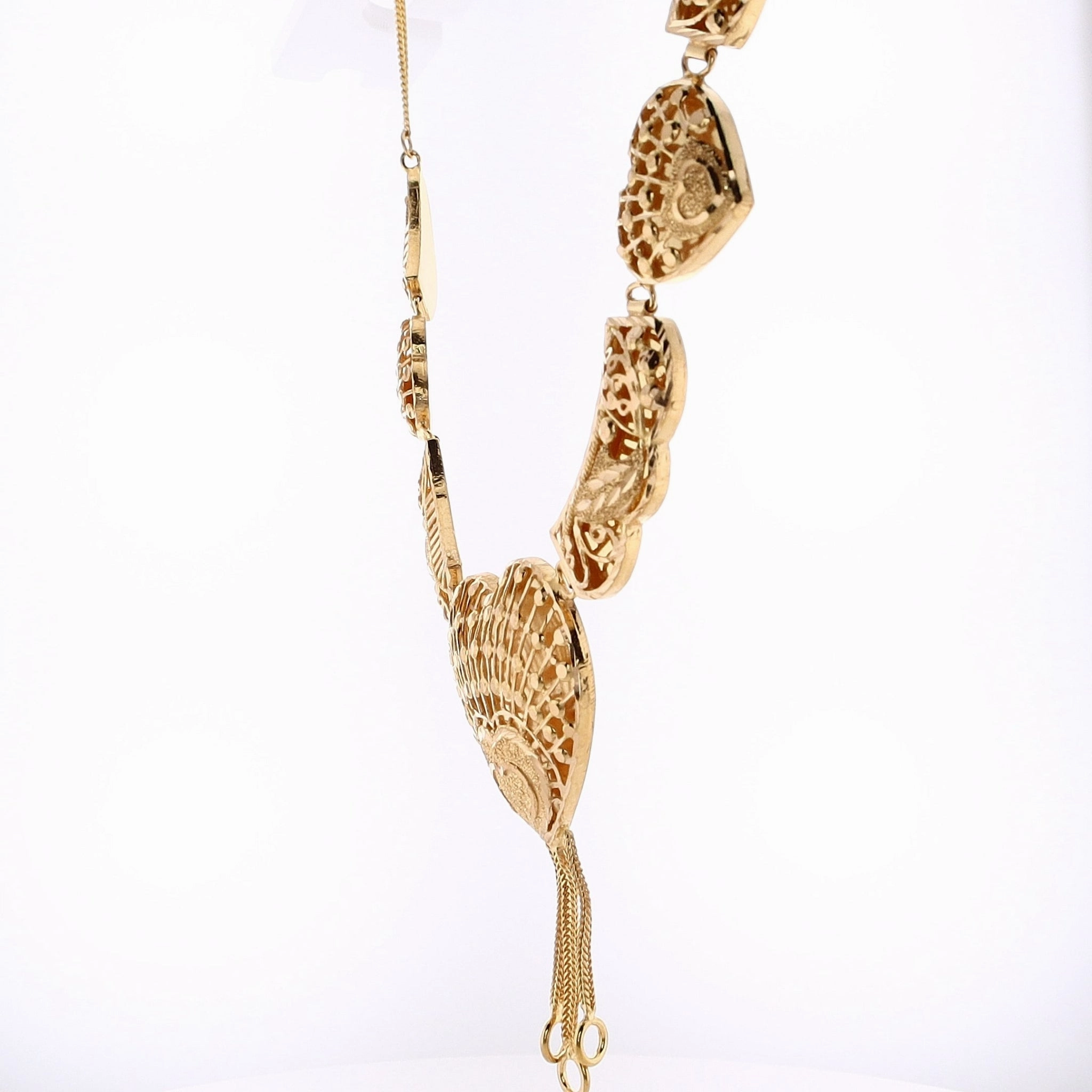 Estate 21 Karat Yellow Gold Ornate Diamond Cut Puffed Hearts with Dangle Cable Wire Necklace