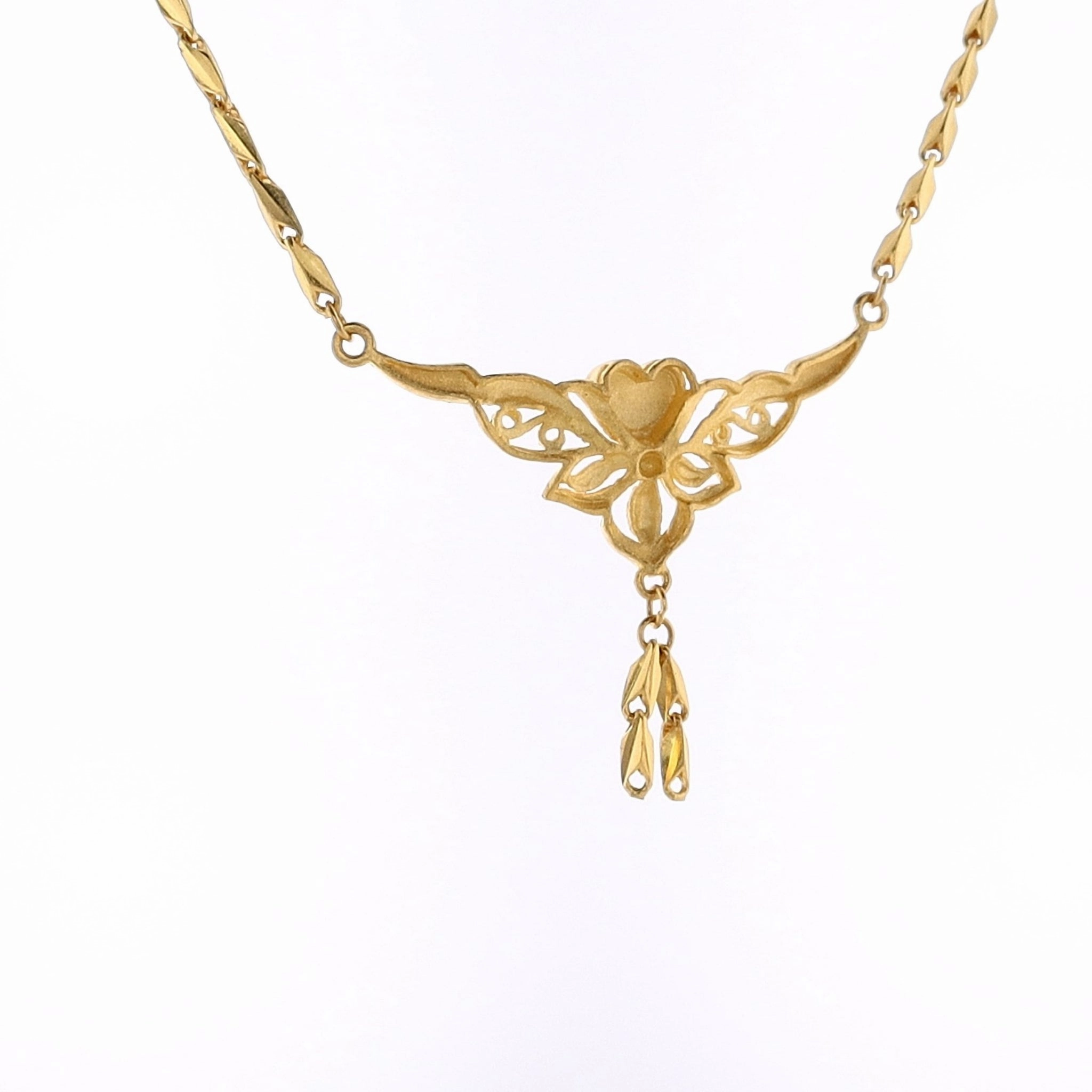 Estate 24 Karat Yellow Gold Diamond Cut Heart and Filigree Dangle Design Rectangular Link Necklace