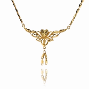 Estate 24 Karat Yellow Gold Diamond Cut Heart and Filigree Dangle Design Rectangular Link Necklace