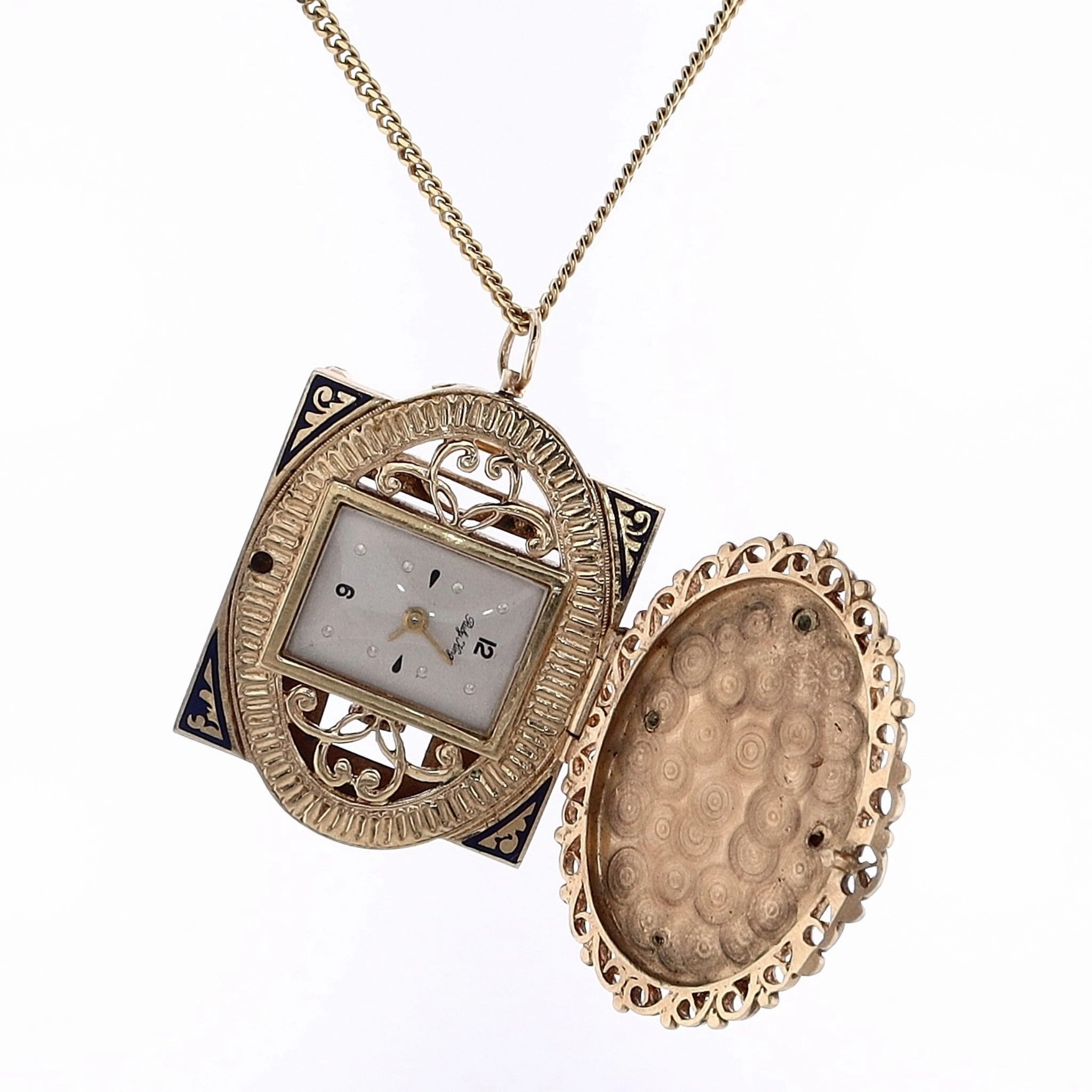 Estate Ruby King 14 and 18 Karat Yellow Gold Portrait Lady Diamond and Watch Pin Pendant Necklace