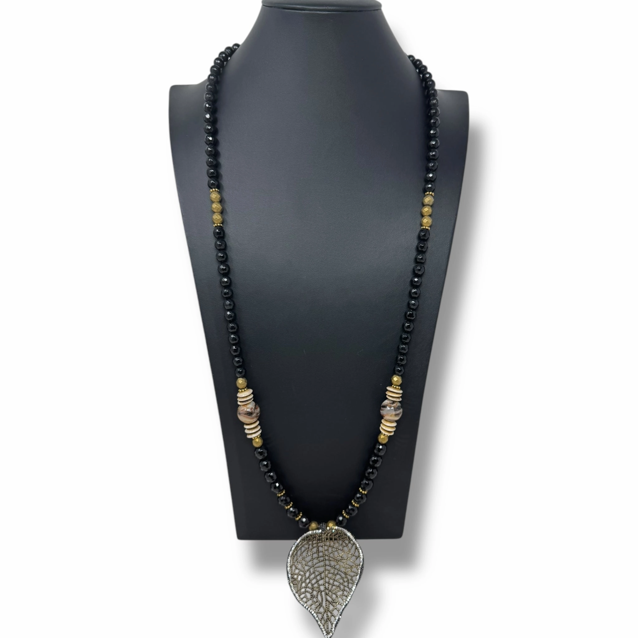 Faceted Bead Leaf Pendant Long Necklace By Unbranded