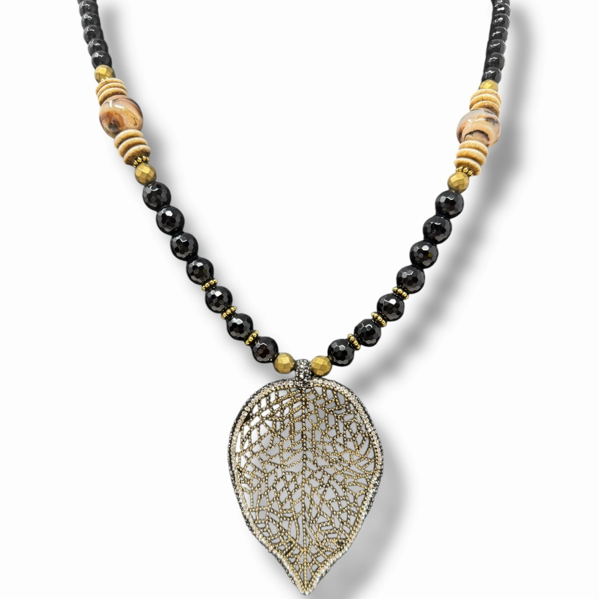 Faceted Bead Leaf Pendant Long Necklace By Unbranded