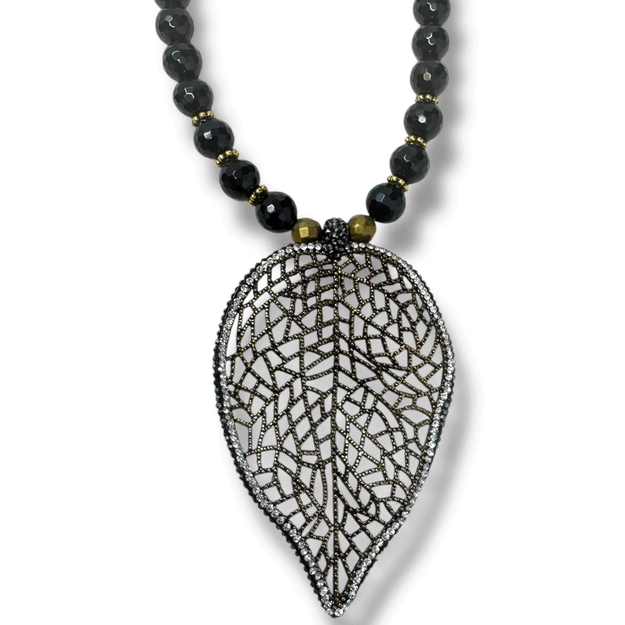 Faceted Bead Leaf Pendant Long Necklace By Unbranded