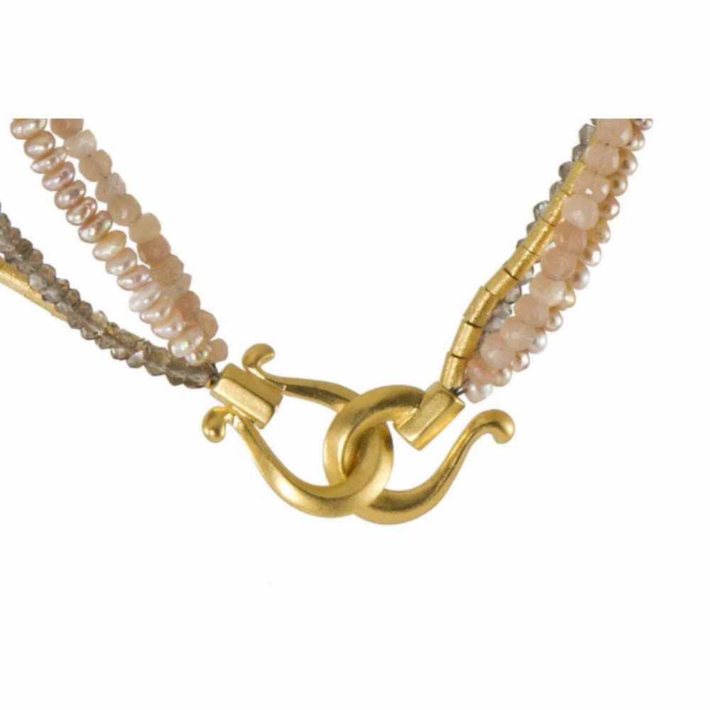 Joyla Peach Moonstone Necklace with Smoky Quartz and Natural Color Pearl
