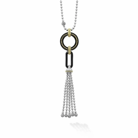 Lagos Black Caviar Two-Tone Black Ceramic Tassel Pendant Necklace