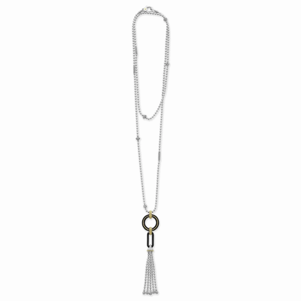 Lagos Black Caviar Two-Tone Black Ceramic Tassel Pendant Necklace