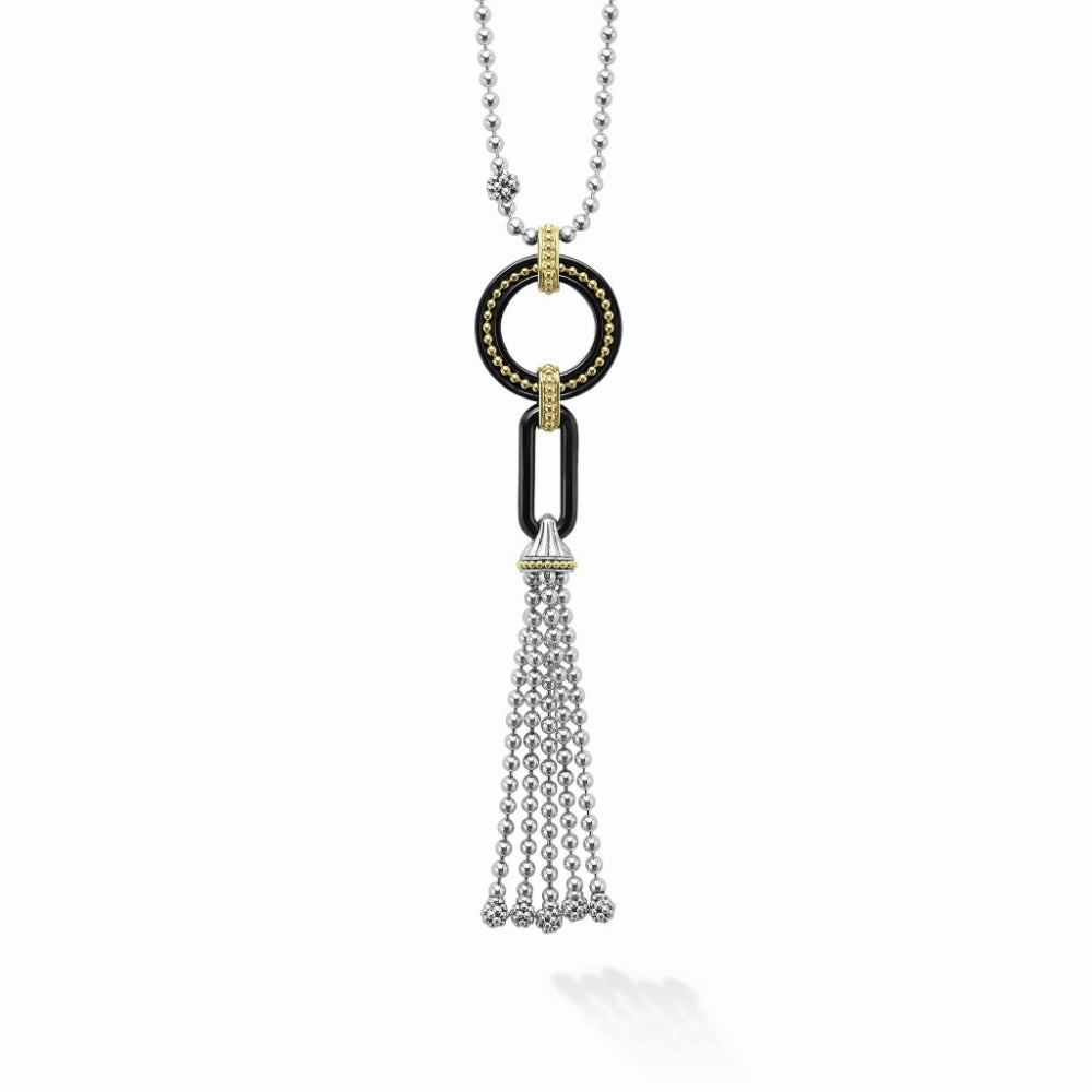 Lagos Black Caviar Two-Tone Black Ceramic Tassel Pendant Necklace
