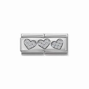Nomination Composable Double Link 3 Hearts, Cubic Zirconia, Silver