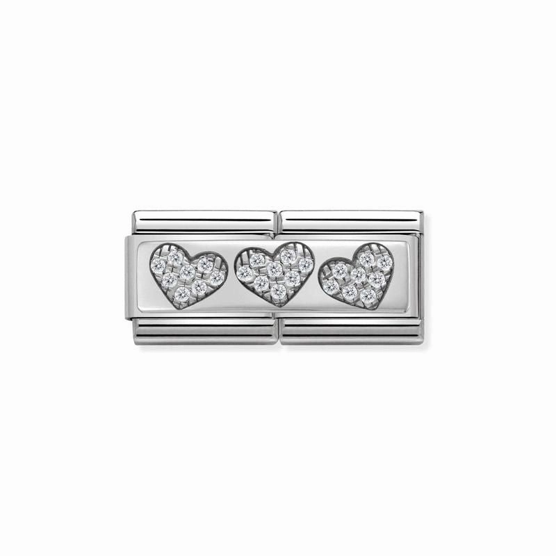 Nomination Composable Double Link 3 Hearts, Cubic Zirconia, Silver