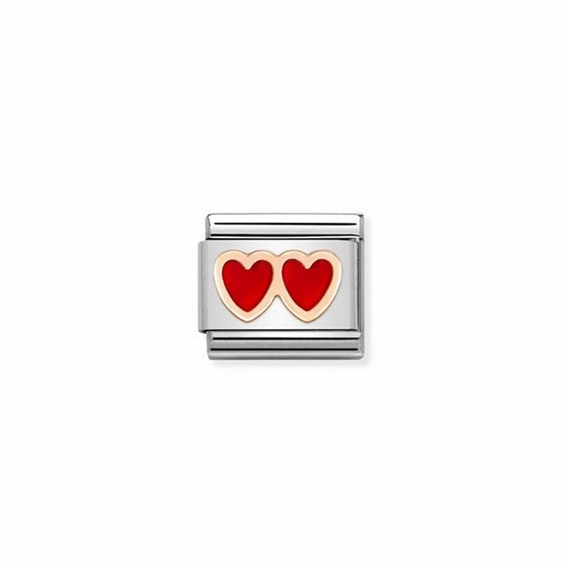 Nomination Composable Link Double Heart, 9K Rose Gold & Enamel