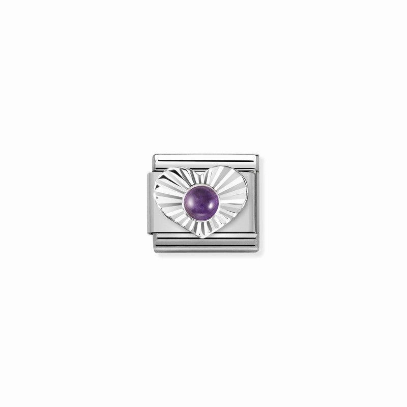 Nomination Composable Link Heart, Etched, Amethyst Stone, Silver