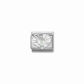 Nomination Composable Link Heart, Etched, Milky Aquamarine Stone, Silver