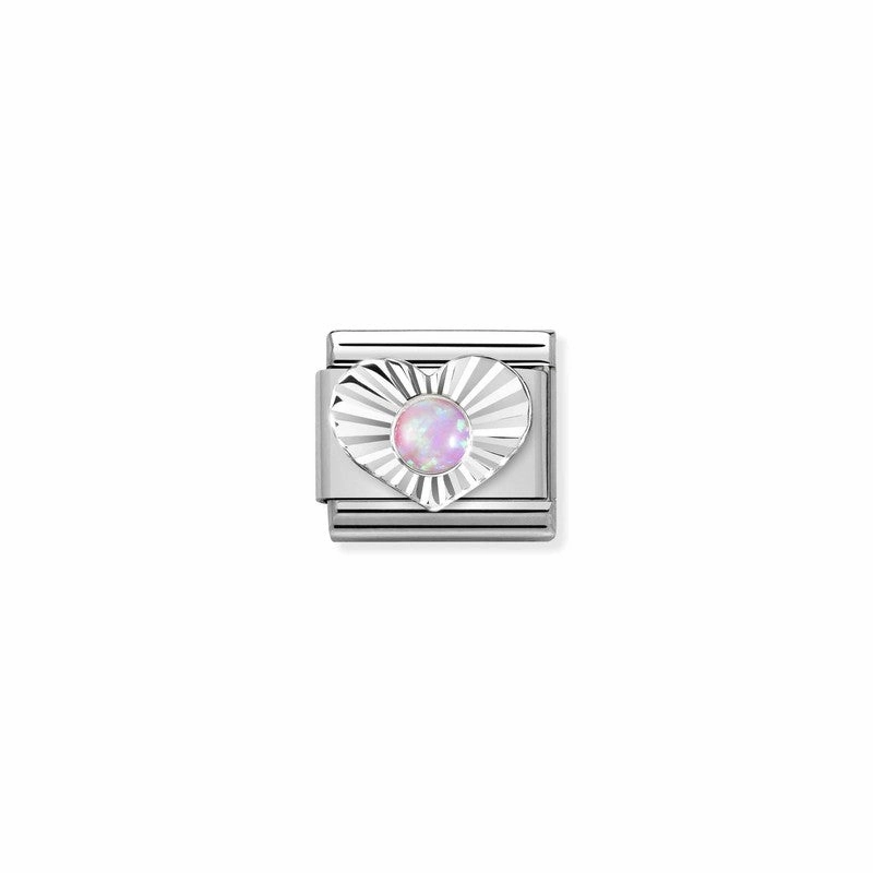 Nomination Composable Link Heart, Etched, Pink Opal Stone, Silver