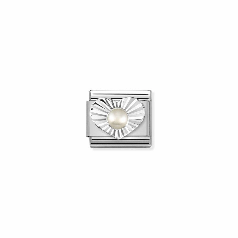 Nomination Composable Link Heart, Etched, White Pearl Stone, Silver